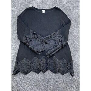 Chicos Black Knit Tunic Top With Lace Bell Sleeves Size L Elegant Whimsigoth